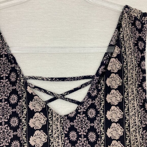 New Aqua Navy Tan Boho Print V Neck Lace Up Sleeveless Casual Top Medium - Picture 4 of 9